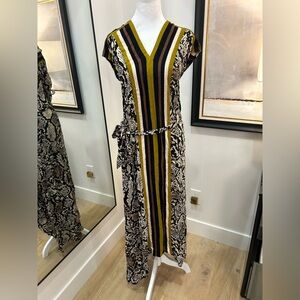 Worthington Striped V-Neck Maxi Dress in Olive, Black, Mustard and Cream